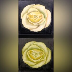 Original Artist 2 Oil Paintings Diptych Hand Painted Yellow Tones Roses OOAK
